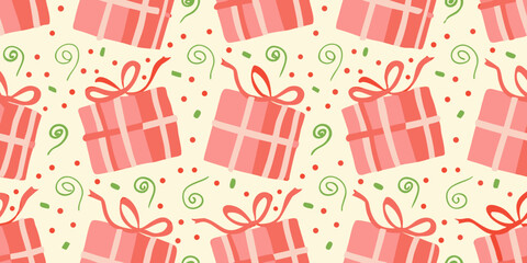 Seamless pattern of pink gift boxes with red ribbons and green swirls and confetti
