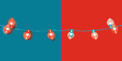 Festive string lights with red and blue bulbs divided by a contrasting background color split