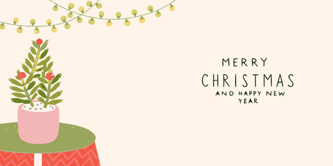 Cute potted christmas tree decorated with red berries and festive lights with merry christmas and happy new year text