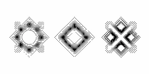 Three abstract geometric halftone patterns with square and circular elements in black and white