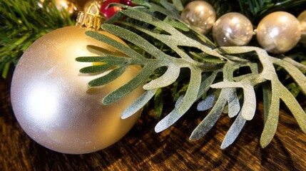 Ornament resting on frosted spruce branch with sparkling details in a cozy setting during the holiday season