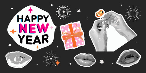 Happy new year celebration with gifts fireworks and lips on black background