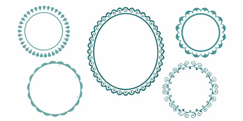 Collection of decorative circular frames with unique ornamental borders in teal color
