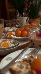 Dinner table setup featuring fresh mandarins and decorative garlands for an inviting gathering atmosphere