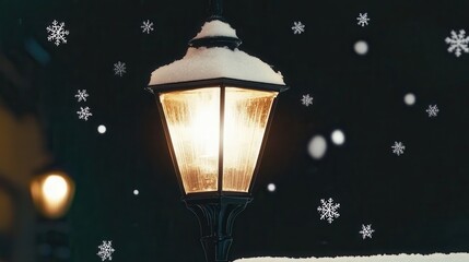 Glowing lamplight illuminating a snowy night scene in a quiet town square during winter