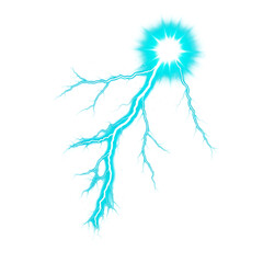 Bright blue lightning bolt with radiating energy isolated on a transparent background