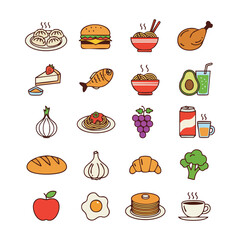 Delicious Food and Drink Vector Icons Set – Flat Outline Style