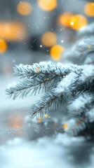 Sparkling gold decor rests on soft pine needles creating a cozy winter ambiance with blurred lights in the background