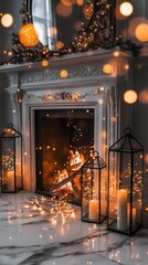 Warm ambiance at a festive interior fireplace with glowing lights creating a cozy atmosphere in a charming living space during a winter evening