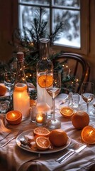 Dinner table with glowing sparklers mandarins and festive decor during a cozy winter gathering at home