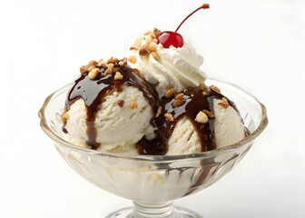 Vanilla ice cream scoops topped with chocolate sauce and cherry in a glass dessert bowl