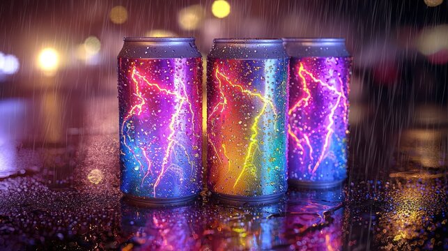 Three colorful cans with lightning bolts on wet pavement, rain, neon lights