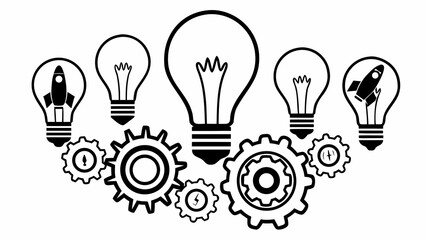 Light bulbs with rockets and gears symbolizing innovation ideas and mechanical engineering concepts