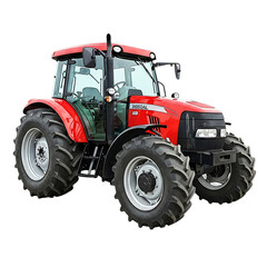 Obraz premium Red agricultural tractor with large tires and enclosed cabin, cutout, PNG isolated on white or transparent background
