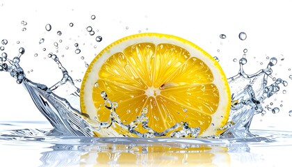 Lemon slice splashing in water, refreshing citrus drink concept.