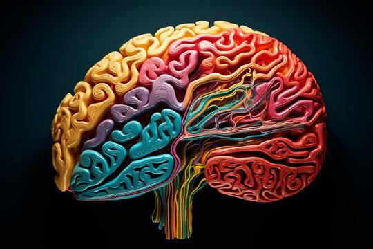 Colorful 3D illustration of a human brain showcasing intricate neural pathways and vibrant textures, representing cognitive functions and mental processes in a visually engaging manner