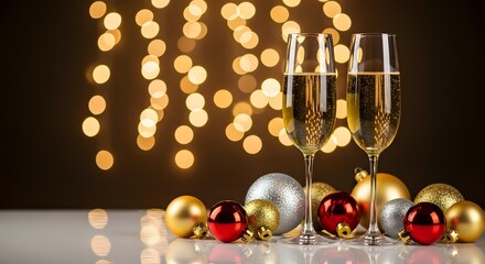 Toast pentru festivități: Două pahare elegante de șampanie clinchetă într-un toast vesel, iluminate de lumini bokeh moi. O colecție de ornamente colorate adaugă ambianței festive.