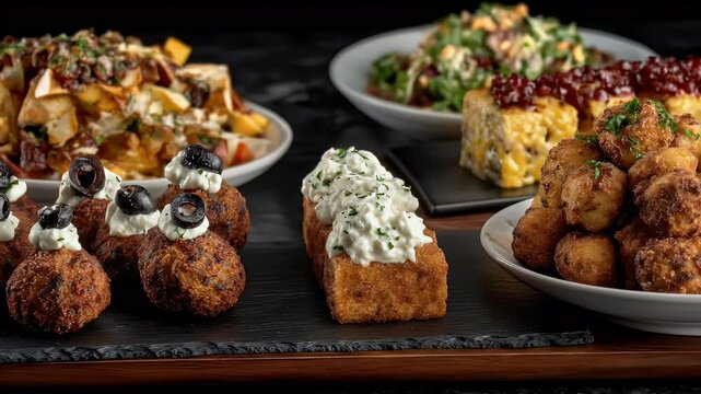 Delicious Gourmet Food Spread - Appetizers, Salads, and Desserts.