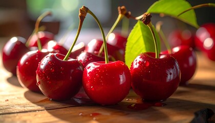 Gleaming, vibrant red cherries sit on a light wooden surface, some with water droplets, leaves adding verdant accents