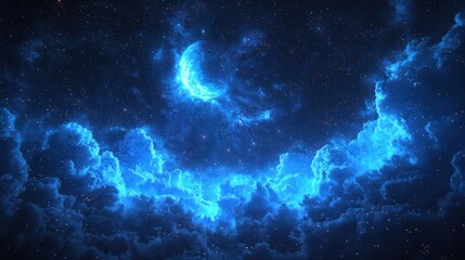 Fototapeta premium Blue crescent moon night sky cloudscape, cosmic background, fantasy art