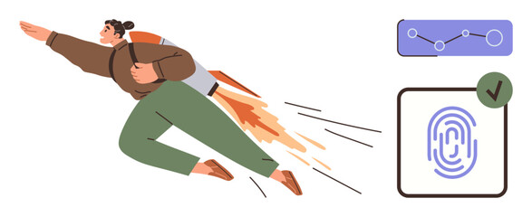 Person flying with jetpack symbolizes ambition and progress. Graph shows data growth, fingerprint authentication implies security. Ideal for business, tech, innovation, startup, future, security