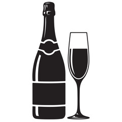 Stylized Black Silhouette of Sparkling Wine Bottle and Flute Glass