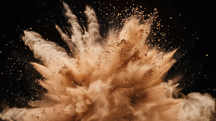 Captivating burst of light brown powder creating an ethereal, dynamic explosion against a dramatic dark backdrop