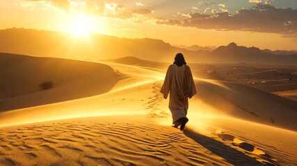 Jesus Christ walking alone through a vast desert at sunrise, with golden light and footprints in the sand.