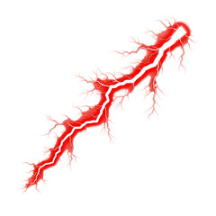 Bright red lightning bolt with branching tendrils isolated on a transparent background