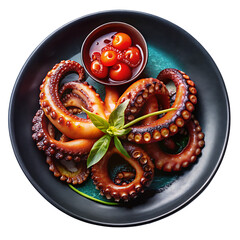 Smoky Grilled Octopus Tentacles in a blue bowl on a black plate with white background and transparent background