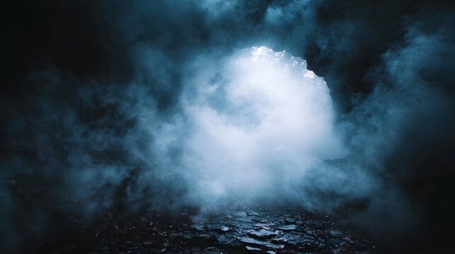 A mysterious glowing portal shrouded in ethereal mist opens into a dark rocky cave