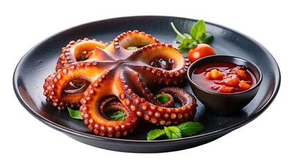 Smoky Grilled Octopus Tentacles in a blue bowl on a black plate with white background and transparent background