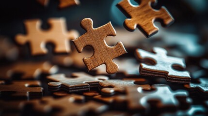 Wooden jigsaw puzzle pieces scattering, focused central piece