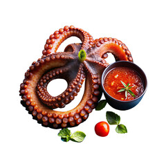Smoky Grilled Octopus Tentacles in a blue bowl on a black plate with white background and transparent background