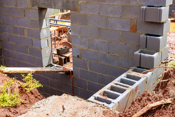 Construction site where cinder blocks are being laid out unfinished walls ongoing building work.