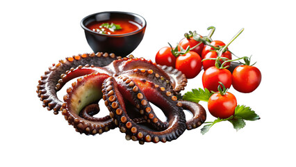 Smoky Grilled Octopus Tentacles in a blue bowl on a black plate with white background and transparent background