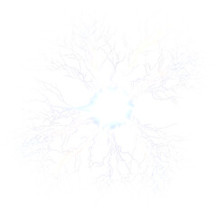 Bright white lightning branches radiating from center isolated on a transparent background