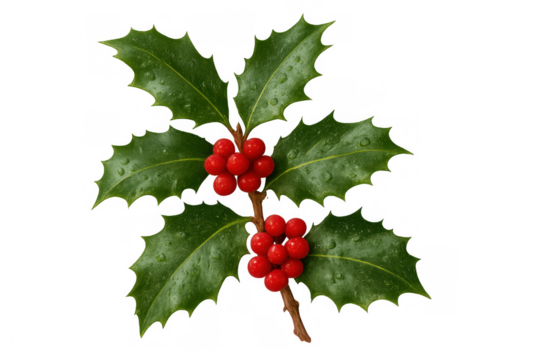 Holly sprig with vibrant red berries and green leaves, symbolizing christmas, winter holidays, and festive decoration, transparent background