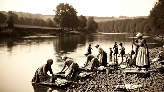 Vintage riverbank laundry scene: washing process in 19th century rural setting