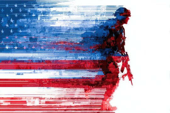 A silhouette of a soldier blends with the American flag, symbolizing patriotism. Veteran day concept - Powered by Adobe