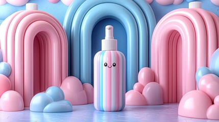 Pastel striped bottle, whimsical background, product display, cosmetic ad