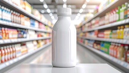 White Milk Bottle in Supermarket Aisle Product Display.