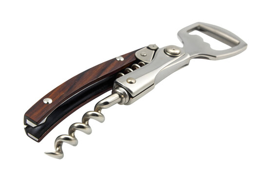 Metal corkscrew with wood handle rests open against transparent backdrop for wine enthusiasts use