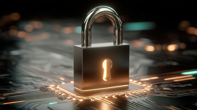 Metal padlock seated on a microchip, symbolizing cybersecurity, encrypted information and robust protection of digital infrastructure.
