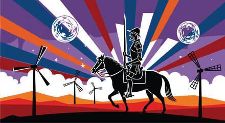 Obraz premium Don Quixote on horseback rides through a surreal landscape with windmills and celestial bodies, illustration