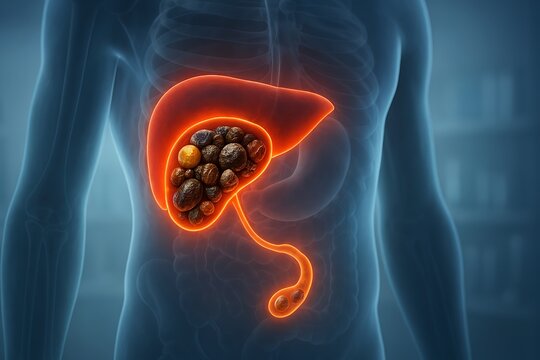 Human gallbladder with stones medical illustration