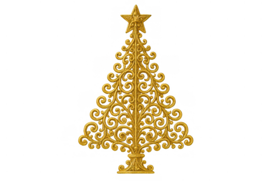 Gold filigree christmas tree ornament with star on top, creating a festive holiday decoration, transparent background