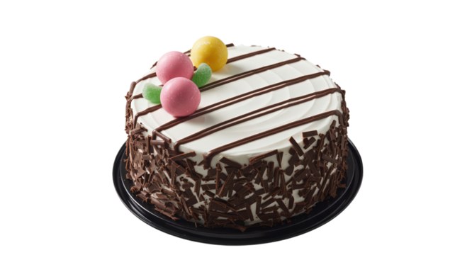 Delightful Cake with White Frosting Adorned with Multi Colored Candy Spheres and Chocolate Shavings Creates Sweet Sensation Perfect Treat for Celebration and Decoration