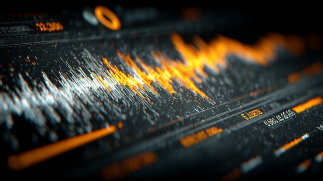 Digital audio waveform on a professional interface, representing sound analysis, precise monitoring, and editing for media production.
