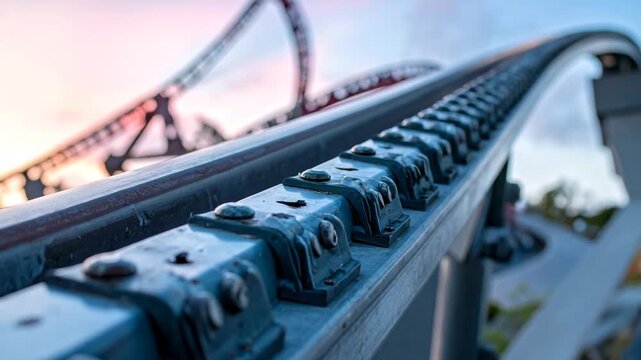 Close-up macro shot of a roller coaster track, focusing on the bolts and mechanisms, with a blurred background at sunset.